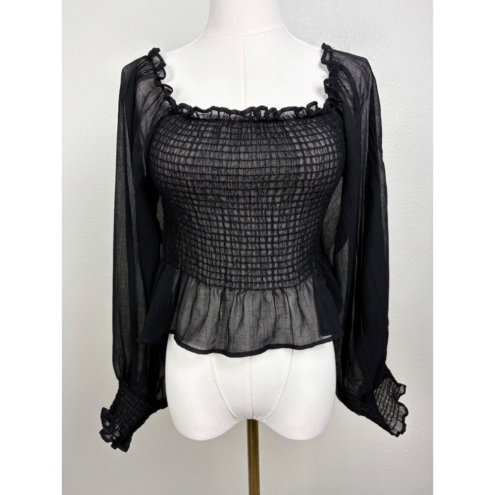 Black Smocked Peasant Blouse Coquette Dark Witchy Sheer Whimsigoth Top US 8